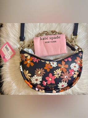 Kate Spade- Navy Floral Leather Shoulder Bag with Gold Chain